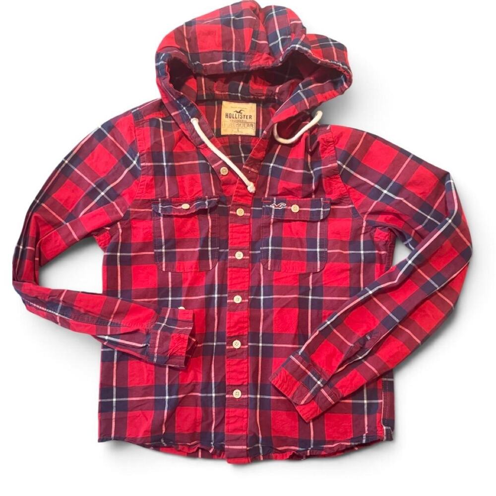 Hollister Women’s Large Red Plaid Hooded Button-Up Shirt Jacket
